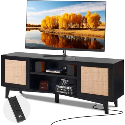 Image de VEVOR Meuble TV en Rotin pour Téléviseur 75&quot; Banc avec Prise Intégrée Noir
