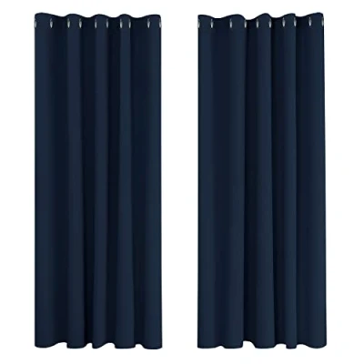 Afbeelding van Deconovo thermisch geïsoleerde verduisteringsgordijnen voor woonkamer en slaapkamer, modern design met oogjes, 168 x 183 cm (breedte hoogte), marineblauw, 2 stuks