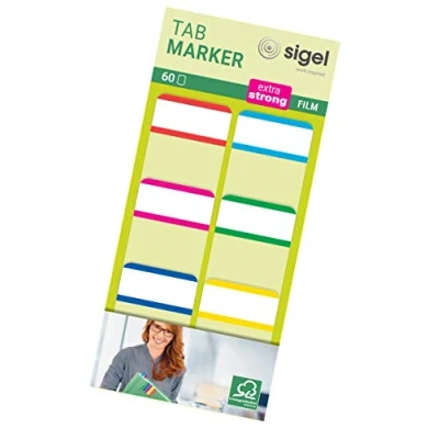 Afbeelding van SIGEL Hn201 Bladwijzers &quot;Tab Marker&quot; van transparante folie, 60 vellen 3,8 x 2,5 cm, 6 kleuren