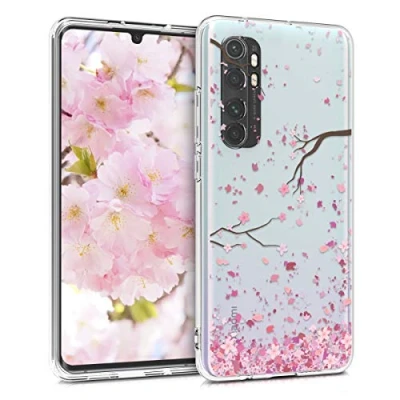 Afbeelding van kwmobile telefoonhoesje geschikt voor Xiaomi Mi Note 10 Lite Hoesje smartphone in poederroze / donkerbruin transparant Kersenbloesembladeren design