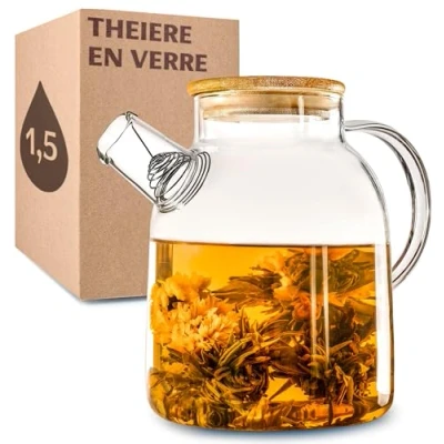 Afbeelding van Theeglas met filter, 1,5 l, deksel van bamboe, vaatwasmachinebestendig, voor warme en koude dranken