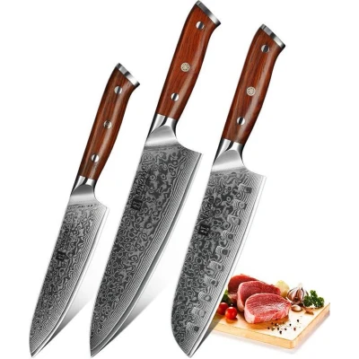 Afbeelding van Luxe en Professionele 3 delige Keukenmessen set van Damascus Staal (67 lagen, VG10) Rozenhouten handgrepen Xinzuo B13R Yu Koksmes + Santokumes Groentemes