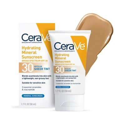 Afbeelding van CeraVe Hydraterende minerale zonnebrandcrème Face Sheer Tint SPF 30 Gezichtscrème Gezichtslotion Niacinamide Hyaluronic acid Voor alle huidskleuren