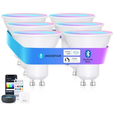 Afbeelding van Aigostar Mesh 6,5 W GU10 aangesloten gloeilamp Bluetooth mesh, Alexa 555LM RGB &amp; 2700 K 6500 K, LED lamp, 6 eenheden (met gateway en afstandsbediening)