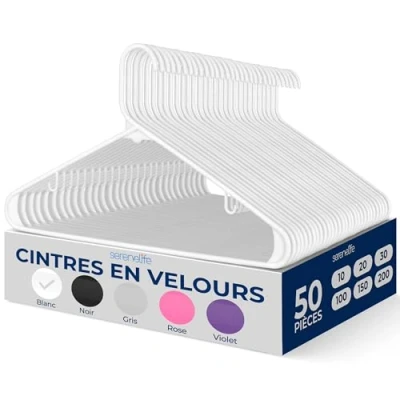 Afbeelding van SereneLife 50 stuks witte kunststof kleerhangers, robuust en antislip, voor volwassen kleding, met 360 graden draaibare haak