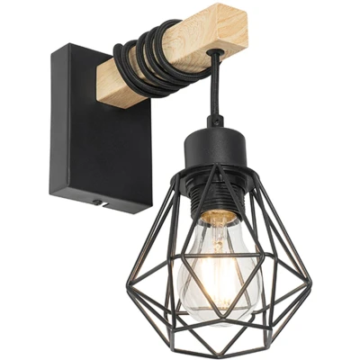 Afbeelding van QAZQA Landelijke wandlamp zwart met hout Chon