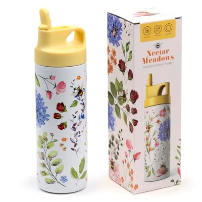 Afbeelding van Drinkfles Thermosfles RVS Nectar Meadow Bijen &amp; Wildebloemen Wit/Lichtblauw Flip Top 500ml 22.5x7x7cm