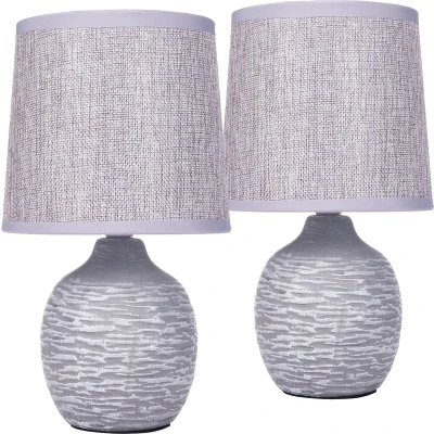 Afbeelding van BRUBAKER Set van 2 tafel of bedlampjes, 27 cm, grijs, keramische lampvoeten met structuur, linnen lampenkappen