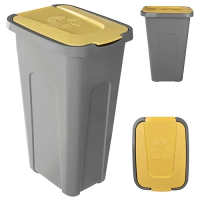 Afbeelding van KADAX Afvalemmer voor afvalscheiding, 30 liter, robuust, met luchtdicht klapdeksel, afvalscheidingssysteem, kunststof (1, geel deksel)