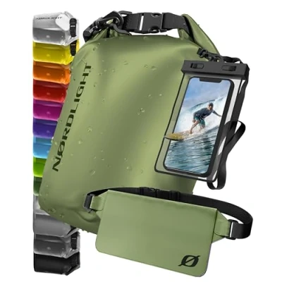 Afbeelding van waterdichte tas met waterdicht telefoonzakje en heuptas olijfgroen, 10 l, IPX8 rolsluiting. Zwemmen, strand, kanoën, stand up peddel, duiken