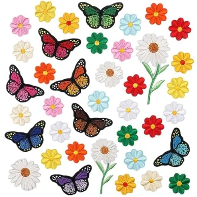 Afbeelding van 16 stuks geborduurde opstrijkbare patches Voor volwassenen Mini Sun Flower Vlinderpatroon Geborduurd Opstrijkbaar jeans