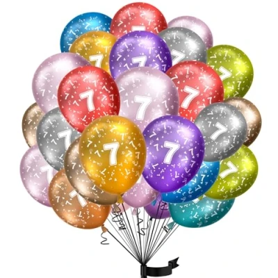Afbeelding van Set van 15 metallic folieballonnen, 7 jaar, 100% natuurlijke latex, klimaatneutraal, 32 cm, voor kinderverjaardag en jongens