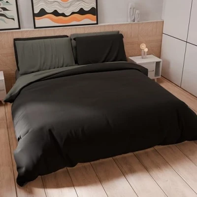 Afbeelding van PETTI Artigiani Italiani dekbedovertrek voor tweepersoonsbed, en kussenslopen, microvezel, tweekleurig, donkergrijs zwart, 100% Made in Italy