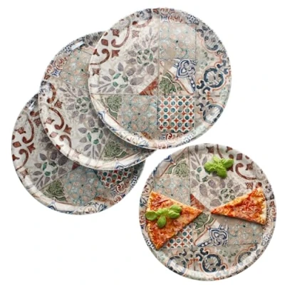 Afbeelding van MamboCat Alcazar Pizzaplaat 4 stuks I Ø 33 cm voor personen grote pizzaborden van porselein met mediterrane tegellook pizza of het serveren bord