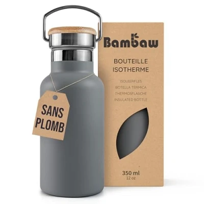 Afbeelding van Bambaw® 350ml RVS Thermosfles Dubbelwandig, Milieuvriendelijk, Lekvrijen, loodvrij en Plasticvrij Geïsoleerde Fles met Bamboe Deksel voor Warme Koude Dranken Ideaal Reizen, Werk, Yoga, Wandelen Dagelijks Gebruik donkergrijs