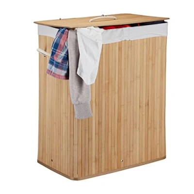 Afbeelding van Relaxdays wasmand 2 vakken bamboe wasbox 95 liter opvouwbaar met deksel Naturel