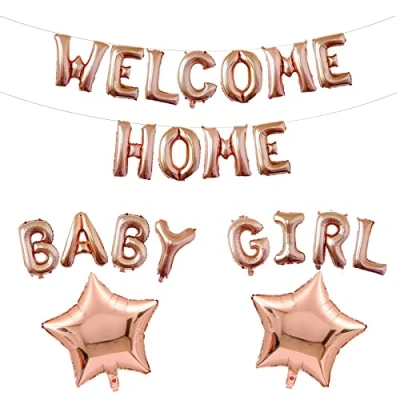 Afbeelding van Fechy Welcome Home Ballonslinger in de vorm van letters voor babymeisjes met sterren en folieballonnen pasgeborenen, babyshower, familiefeestdecoratie (roségoud)
