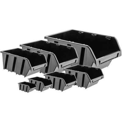 Afbeelding van KADAX stapelbare werkplaatskist, doos van polypropyleen kunststof, opbergdoos in verschillende maten, voor gereedschapswand, uitloopbak, sorteerbox, zwart, 20 stuks, 155 x 100 mm