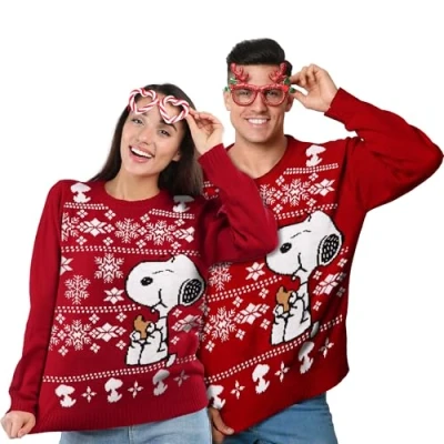 Afbeelding van The Peanuts Uniseks kersttrui Snoopy winter gebreide trui voor dames en heren rood, Rood