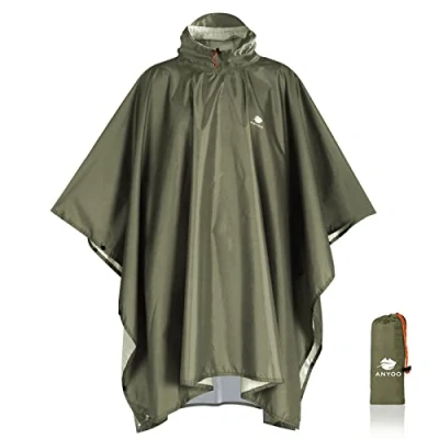 Afbeelding van Anyoo Waterdichte poncho, licht, herbruikbaar, ripstop, waterdicht, multifunctioneel, ademend, met capuchon, opvouwbare beschermhoes onderaan, ideaal voor outdoor, kamperen, wandelen, vissen, zwart.