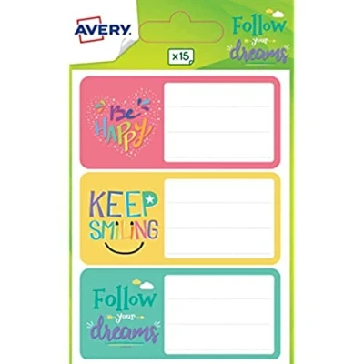 Afbeelding van Avery Schooletiketten fantasie 15 etiketten roze geel groen 76 x 34 mm