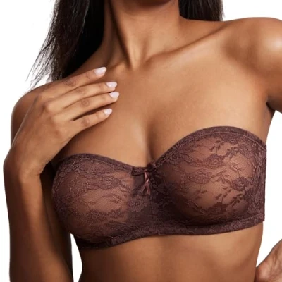 Afbeelding van Dobreva Strapless beha met kant, beugels en afneembare bandjes, Hazelnoot