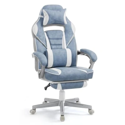 Afbeelding van SONGMICS OBG073Q01 Bureaustoel, gamingstoel, verstelbaar, telescopische voetensteun, kantelmechanisme, hoofdsteun, lendensteun, belasting 150 kg, blauw (meerblauw) en crèmewit