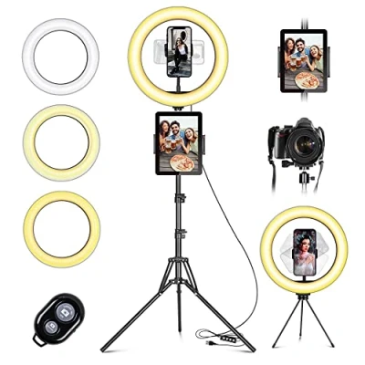 Afbeelding van Led ringlamp met statief en telefoonhouder, 10 inch ringlicht bluetooth afstandsbediening, 3 verlichtingsmodi helderheidsniveaus, voor Tiktok/YouTube/Live Stream/Make up
