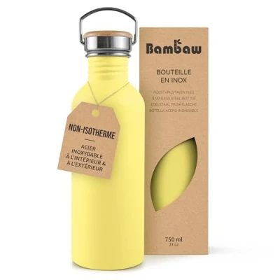 Afbeelding van Bambaw® Waterfles 750 ml Enkelwandige drinkfles RVS Niet Geïsoleerd Lekvrij, en Plasticvrij met Bamboe Dop Drinkbus Volwassenen Perfect voor Reizen, Werk, Yoga, Wandelen Dagelijks Gebruik Drinkflessen geel