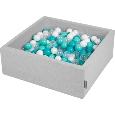 Afbeelding van KiddyMoon ballenbad 90x30cm/300 ballen ∅ 7cm met kleurrijke voor baby&#039;s kinderen vierkant, lichtgrijs:licht turquoise/wit/transparant/turquoise
