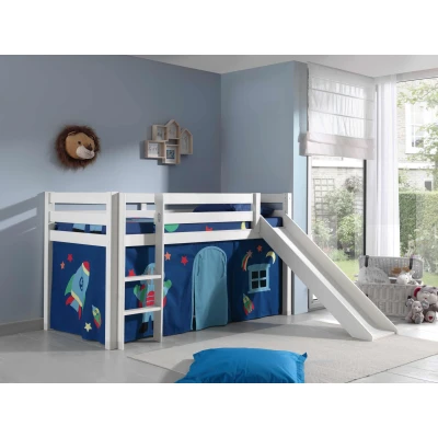 Afbeelding van LUCEVI Pino Halfhoogslaper + Ladder Glijbaan Astro Gordijntjes Wit 90x200 cm