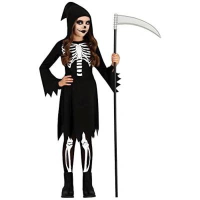Afbeelding van Guirca Spook &amp; Skelet Kostuum Magere Henrike Meisje Zwart, Wit / Beige 10 12 jaar Halloween Verkleedkleding