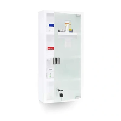 Afbeelding van Relaxdays Medicijnkast wit + slot, Rvs edelstaal medicijnkastje, Magnetische deur melkglas