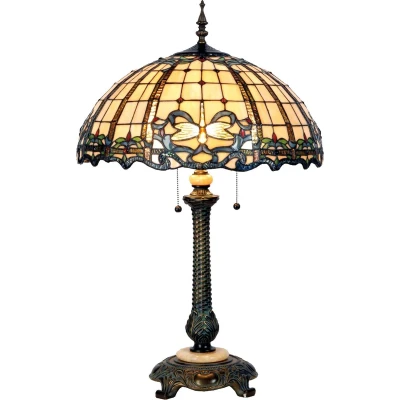 Afbeelding van LumiLamp Tiffany Tafellamp Ø 50x80 cm Beige Blauw Glas Halfrond Libelle Bureaulamp