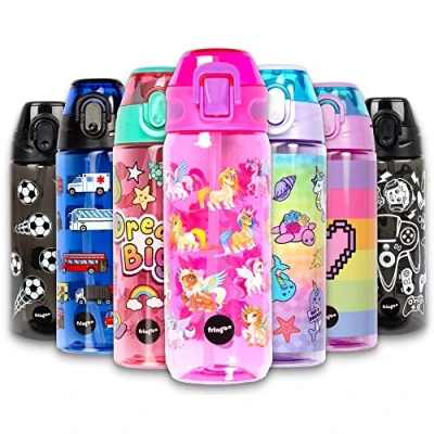 Afbeelding van Fringoo kinderdrinkfles, hoge kwaliteit, fles met rietje, 100% BPA vrij, voor school of sport, jongens en meisjes, de basisschool, schoolbenodigdheden, 600 ml
