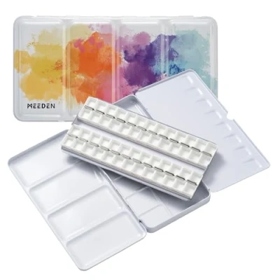Afbeelding van MEEDEN Zakleeg aquarelpalet: aquareldoos voor op reis van metaal met 48 halve containers draagbaar schilderpalet kunstenaars en schilderliefhebbers