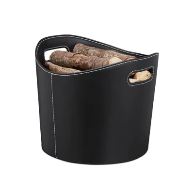 Afbeelding van Relaxdays houtmand kunstleer haardhout mand zwart opbergmand haardmand L
