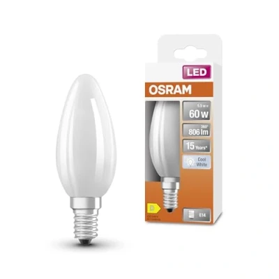 Afbeelding van OSRAM LED Star Classic lamp in klassieke mini kaarsvorm, wit, koud wit licht (4000 K) met 5,5W/806 lm, gemaakt van mat loodvrij glas, E14 fitting, IP20, EEK D, 35 mm diameter.