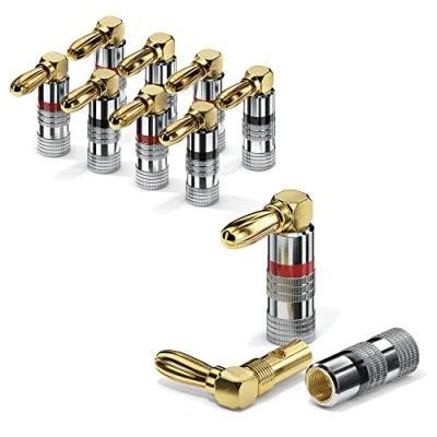 Afbeelding van conecto Bananenstekker voor luidsprekerkabel, set van 8, 90 hoekstekker, kleurgecodeerd verguld (4x rood, 4x zwart), 24k