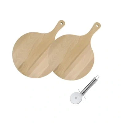Afbeelding van 2 Fackelmann 30 cm houten pizza en tarte flambée planken roestvrijstalen pizzawiel