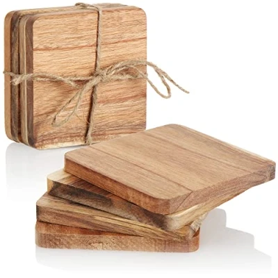 Afbeelding van COM FOUR® 8 x houten onderzetters basis voor kopjes en glazen plank handwerk vierkante tafelonderzetters dranken (8 stuks bruin)