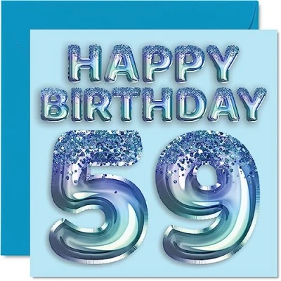 Afbeelding van Verjaardagskaart voor heren 59e verjaardag blauwe glitterfeestballon verjaardagskaarten mannen van 59 jaar, oom, opa,
