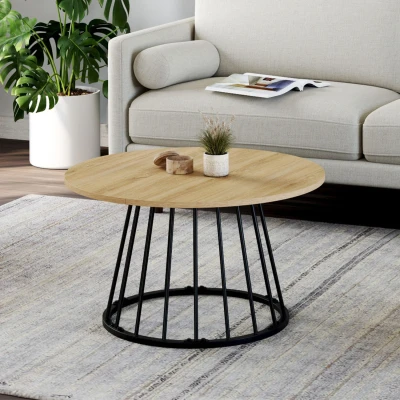 Image de Table basse ronde YUNA 70 cm plateau bois et pied filaire en métal noir
