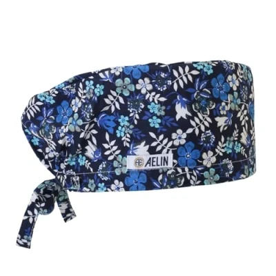 Afbeelding van Calot de Bloc Medische pet met lang haar, dekkend, dames, 100% katoen (blauwe bladeren)
