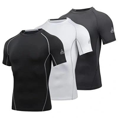Afbeelding van AMZSPORT Compressieshirt met korte mouwen voor heren, sport, sneldrogend, Baselayer top, nieuwe generatie, 3 Pakketten: Zwart+Wit+Grijs