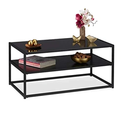 Afbeelding van Relaxdays salontafel glas bijzettafel 2 niveaus televisietafel tafel zwart