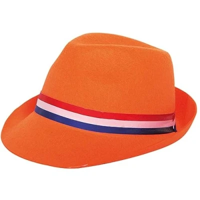 Afbeelding van Oranje Trilby Hoed met Rood Wit Blauwe band per stuk