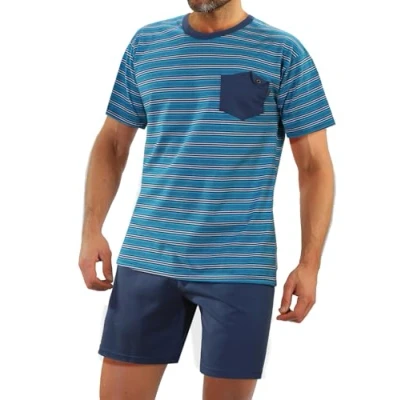 Afbeelding van Sesto Senso Heren Kort Pyjama Set Kotoen Korte Mouw Top &amp; Bottom Nachtkleding Pjs, Blauw en Wit Gestript, Broek Jeans, L