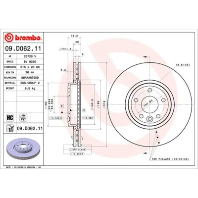 Afbeelding van BREMBO 09.D062.11 Remschijf 316 28 5 interne ventilatie Gecoat High carbon JAGUAR: