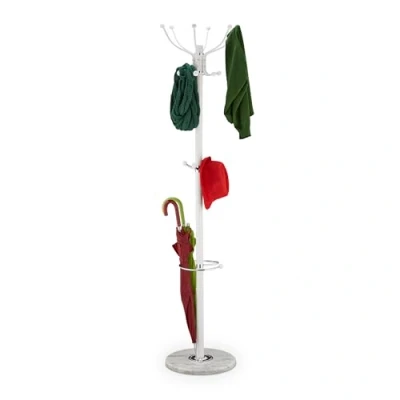 Afbeelding van relaxdays Kapstok, paraplustandaard, 16 haken, h x d 176,5 36,5 cm, marmeren voet, rechte kledingkast, wit